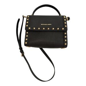 MICHAEL KORS Black Leather Studded Top-Handle Satchel with Gold Hardware